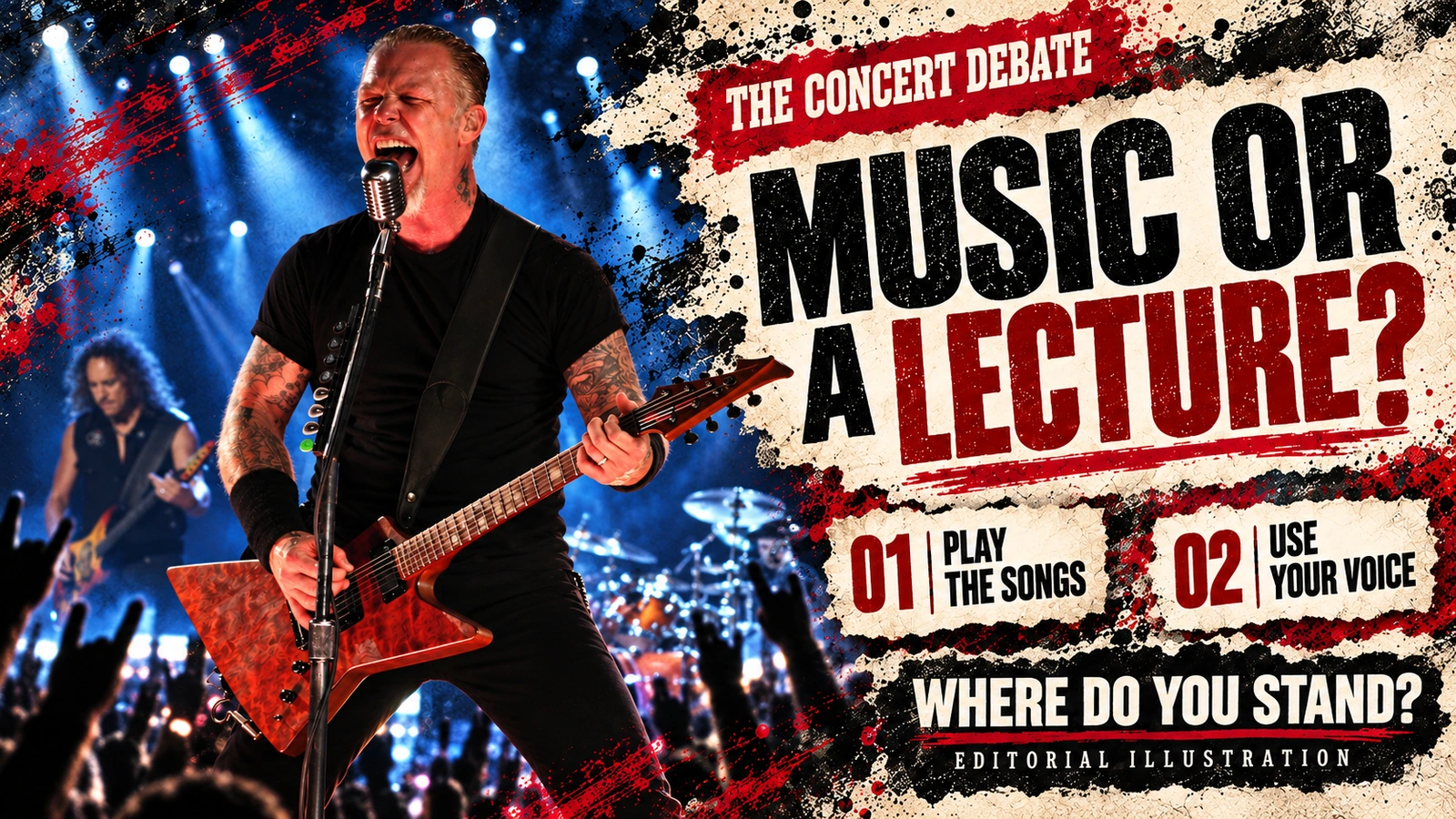 Editorial illustration of James Hetfield with a guitar beside the question Music or a Lecture?