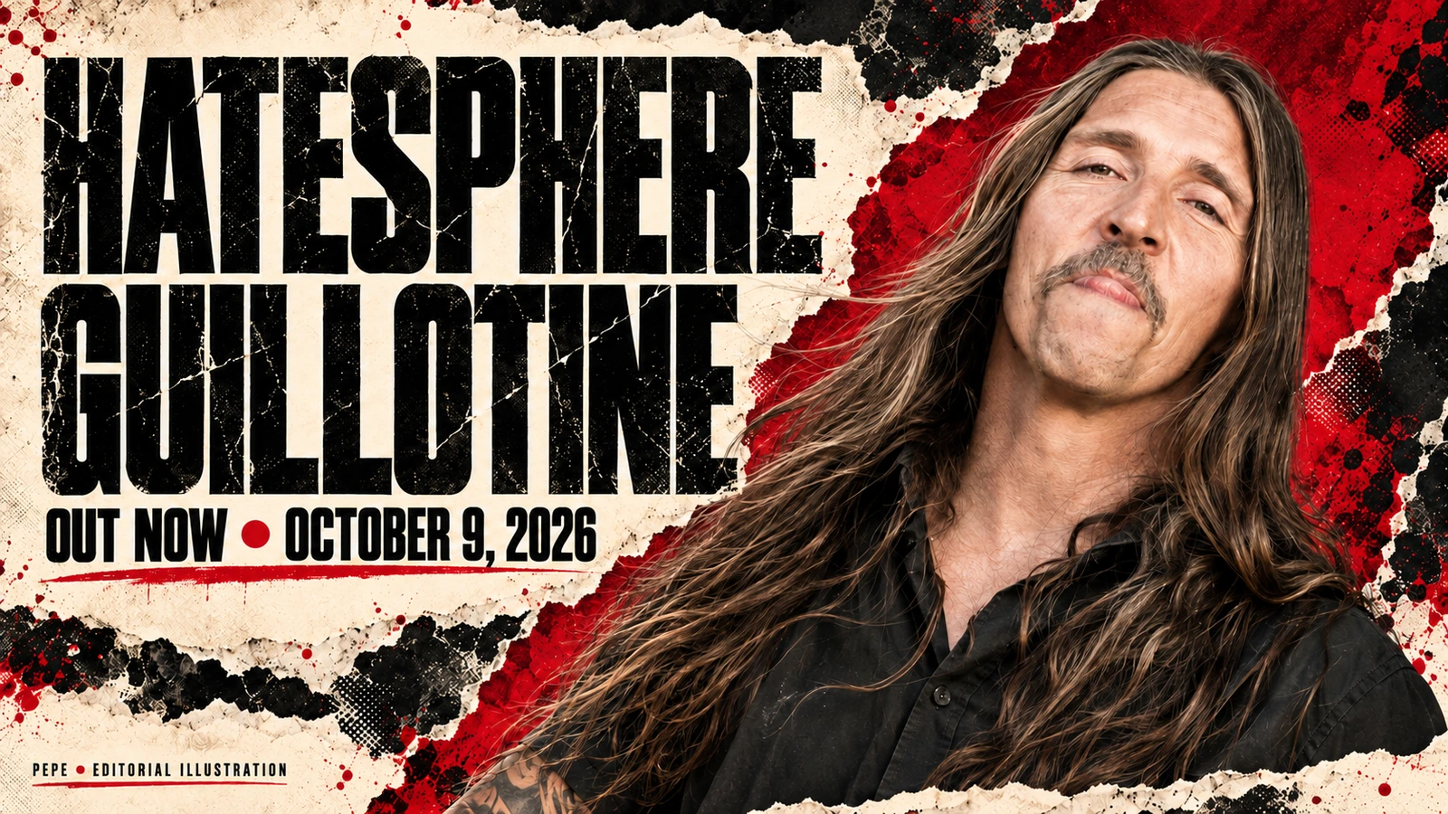 AI-assisted editorial portrait of Peter Pepe Lyse Karmark with HateSphere Guillotine and 9 October 2026 release headlines.