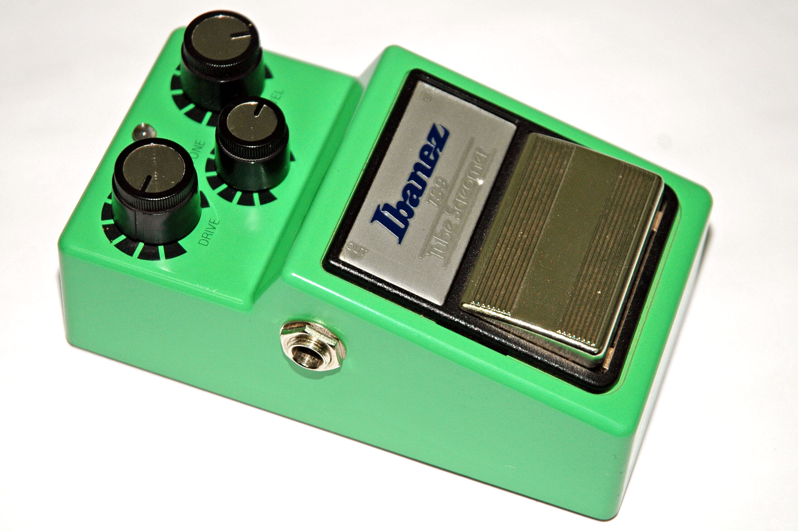 Green Ibanez TS9 Tube Screamer with Drive, Tone and Level controls.