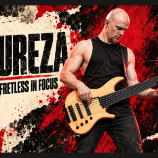 Editorial illustration of Impureza bassist Florian Saillard with a six-string fretless bass