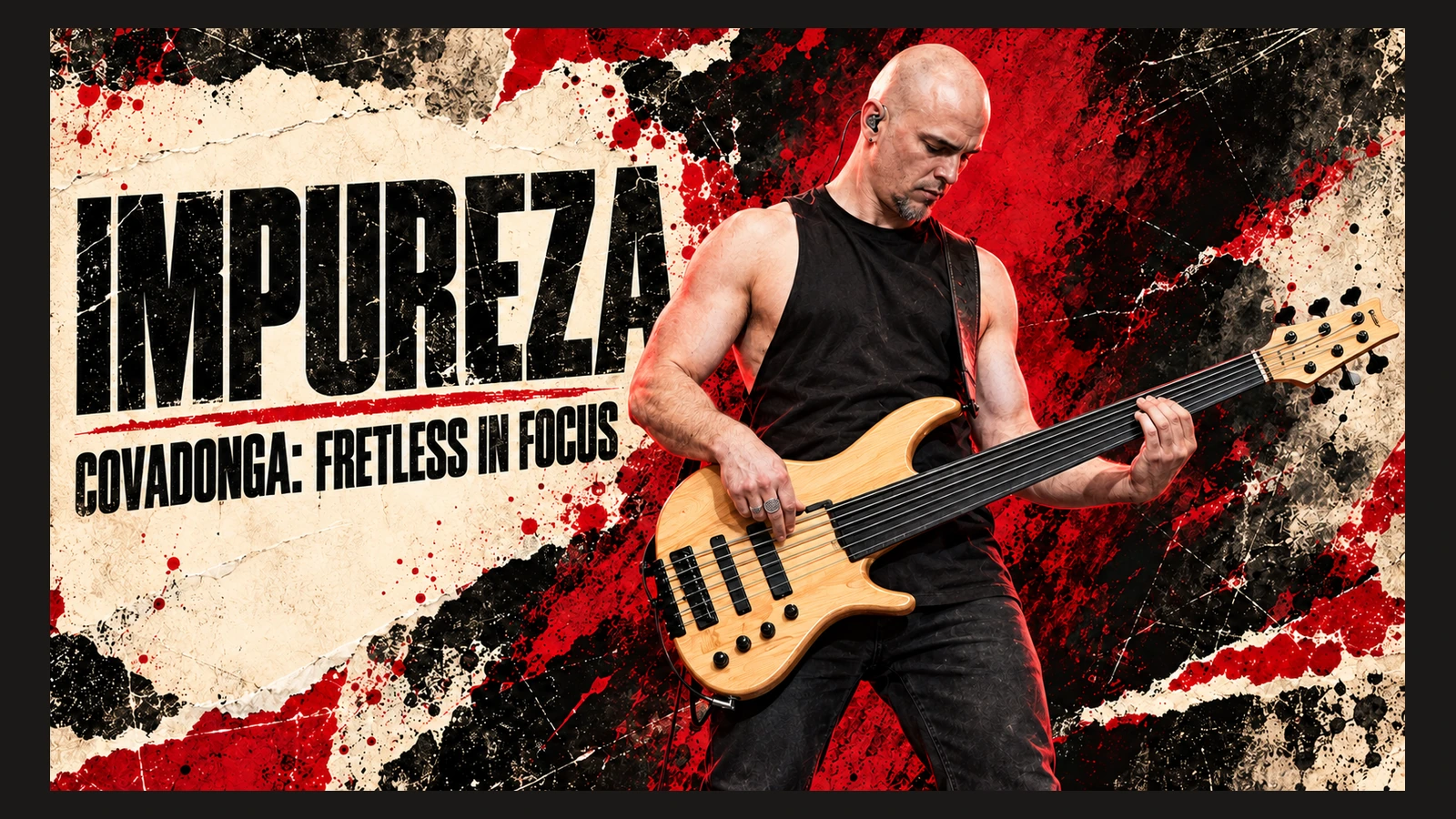 Editorial illustration of Impureza bassist Florian Saillard with a six-string fretless bass