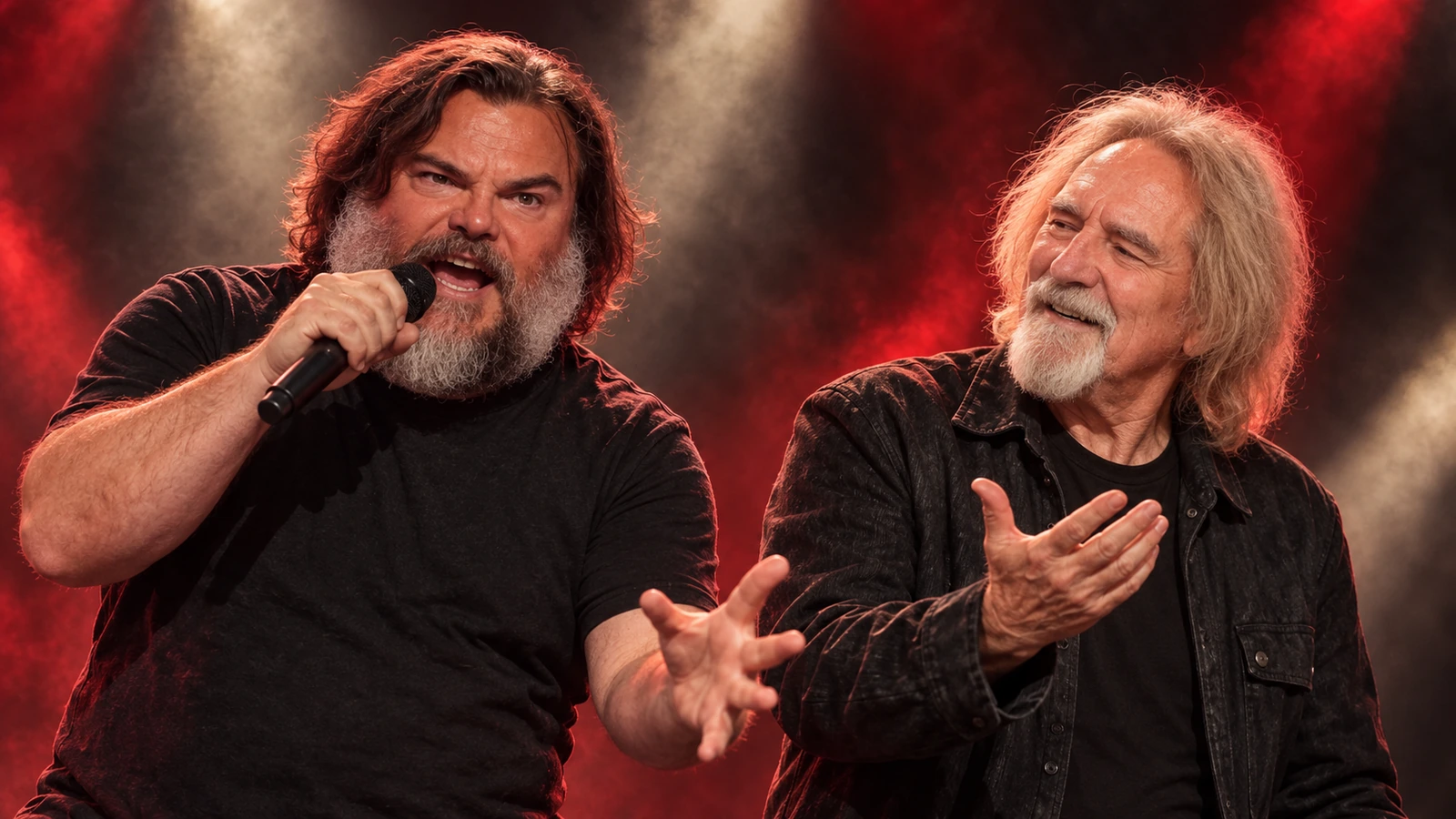 Original editorial illustration of Jack Black singing beside Geezer Butler.