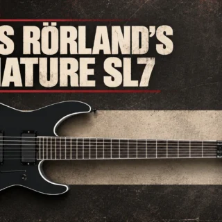Editorial illustration of the black Jackson Chris Rörland SL7 Soloist seven-string guitar