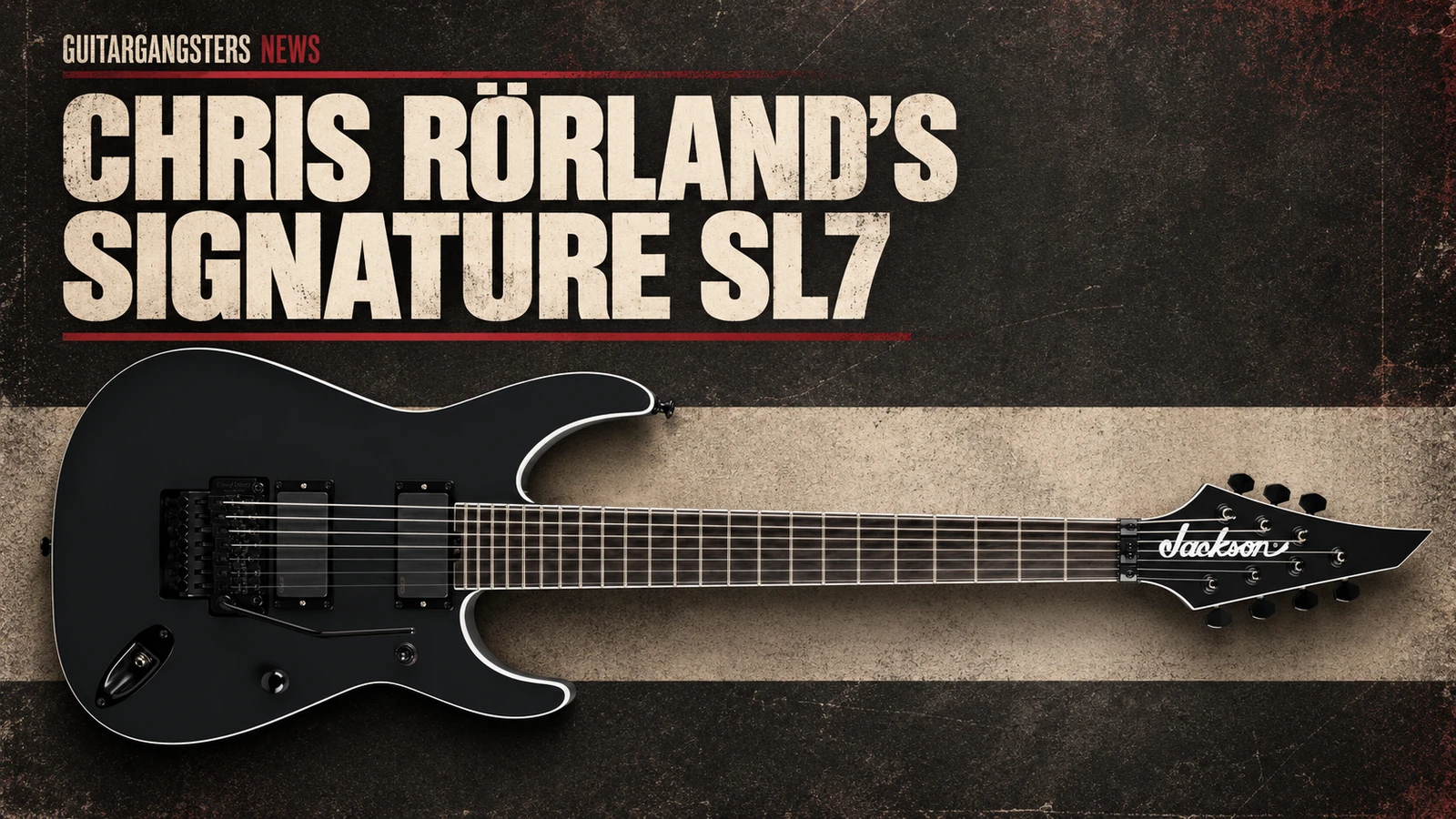Editorial illustration of the black Jackson Chris Rörland SL7 Soloist seven-string guitar