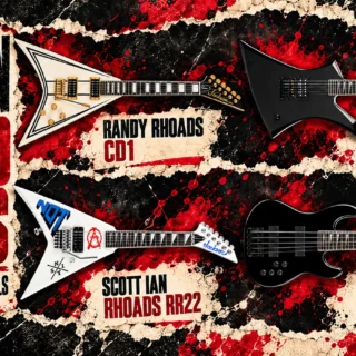 Illustrated comparison of the Randy Rhoads CD1, Marty Friedman Kelly KE-1, Scott Ian RR22 NOT and David Ellefson CB V.