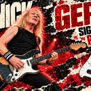 Editorial illustration of Janick Gers playing a white guitar beside an illustrated pickup-loaded pickguard.