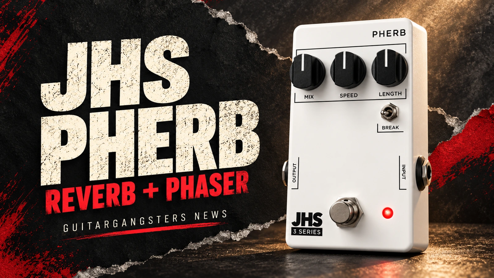 Editorial illustration of the JHS 3 Series PHERB pedal with Mix, Speed, Length and BREAK controls.