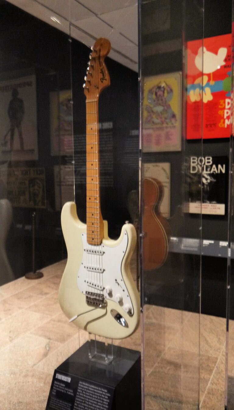 Jimi Hendrix's 1968 Olympic White Fender Stratocaster, played at Woodstock in 1969, on display.