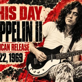 Original commemorative illustration of Jimmy Page with a Danelectro guitar documented in 1969 live photographs.
