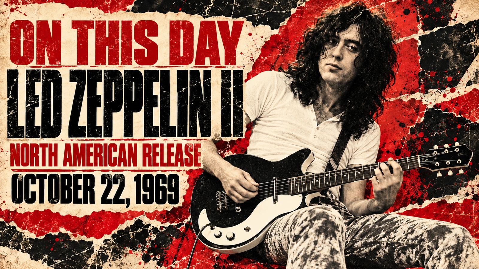 Original commemorative illustration of Jimmy Page with a Danelectro guitar documented in 1969 live photographs.