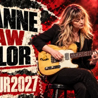 AI editorial illustration of Joanne Shaw Taylor holding her modified blonde Fender Esquire
