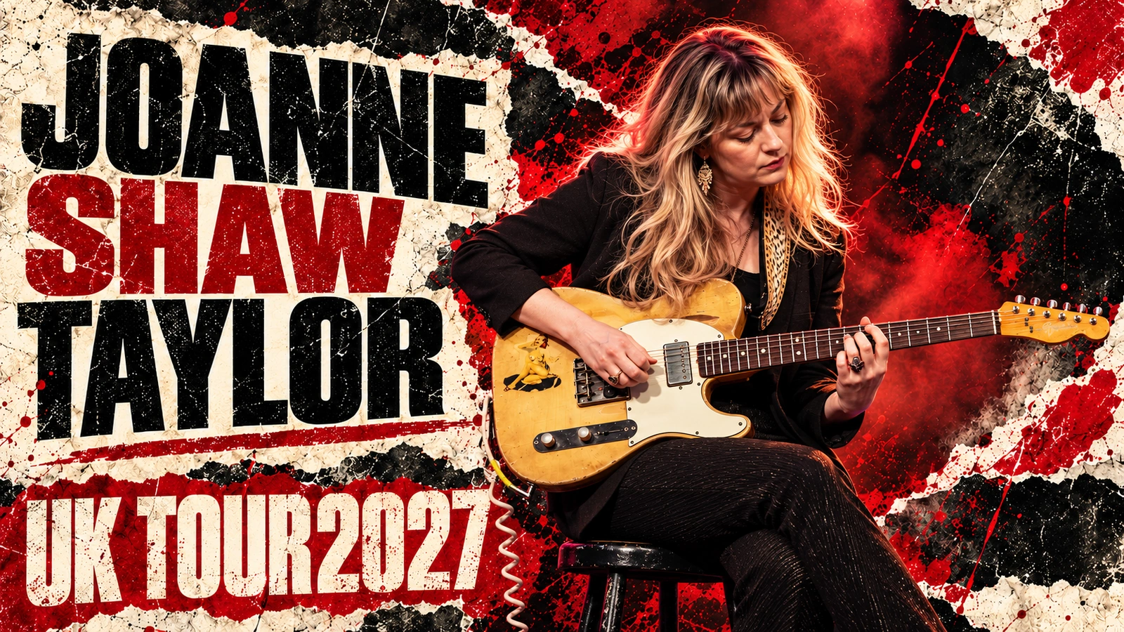 AI editorial illustration of Joanne Shaw Taylor holding her modified blonde Fender Esquire