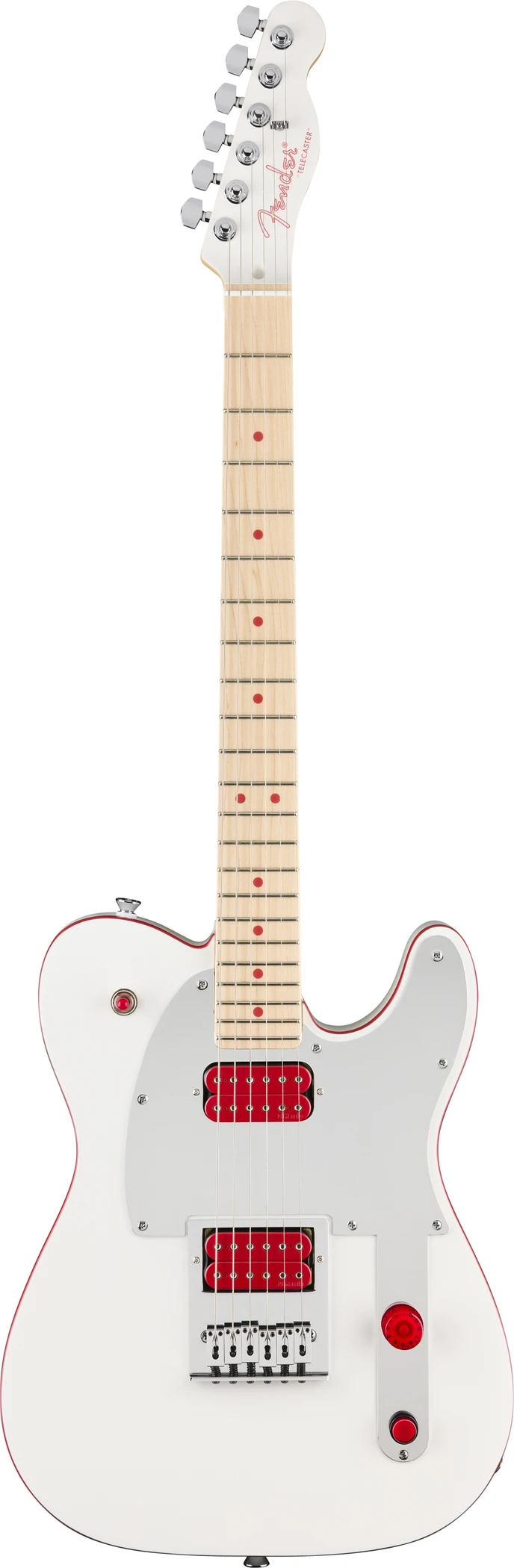 Arctic White Fender John 5 Ghost Telecaster shown in full, with red pickups and controls, a mirrored pickguard and matching headstock.