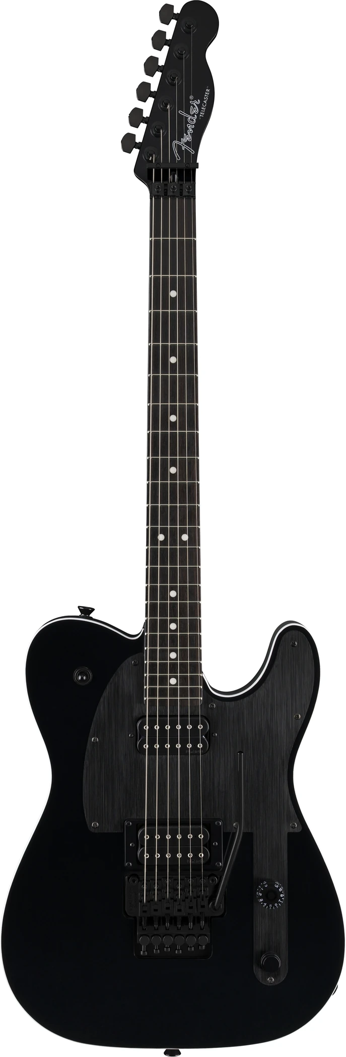 Black Fender John 5 Phantom Telecaster shown in full, with two black humbuckers, a locking tremolo and matching headstock.