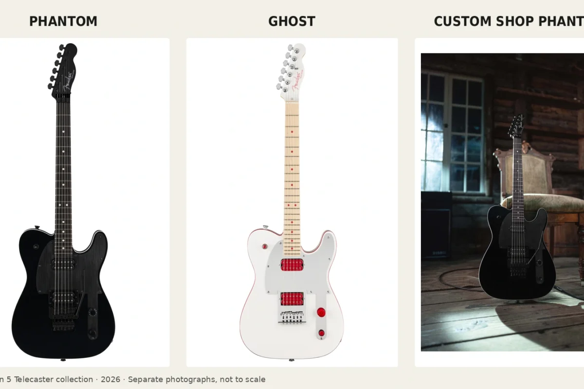 Full views of Fender's three 2026 John 5 Telecaster models, labeled Phantom, Ghost and Custom Shop Phantom.