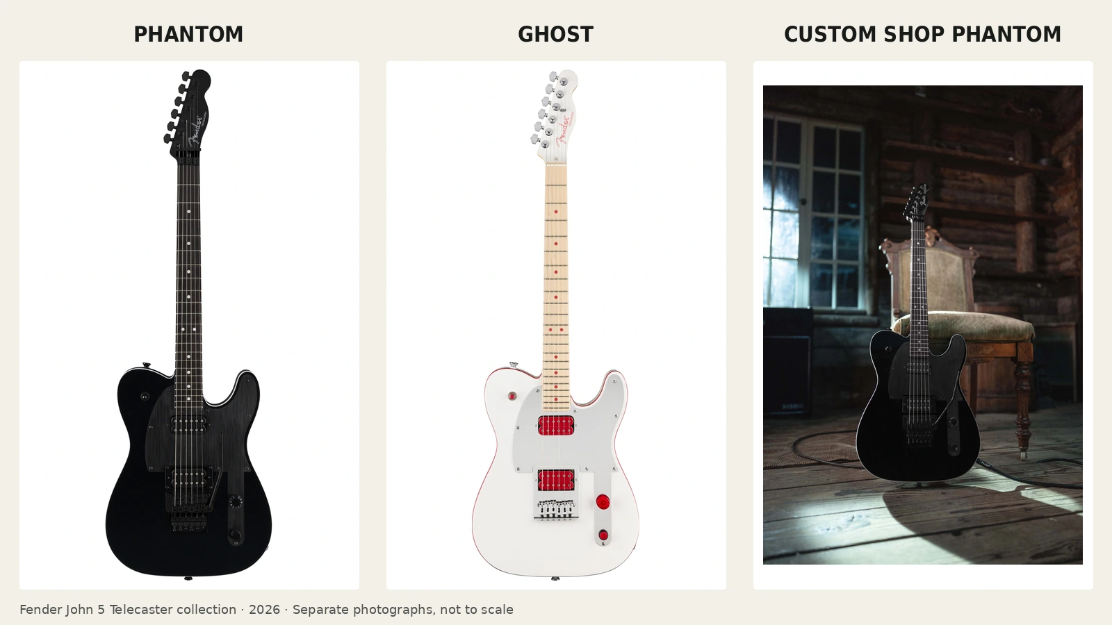 Full views of Fender's three 2026 John 5 Telecaster models, labeled Phantom, Ghost and Custom Shop Phantom.