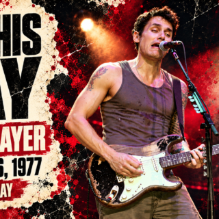 Retrospective illustration of John Mayer with a complete black worn electric guitar and his October 16, 1977 birth date.