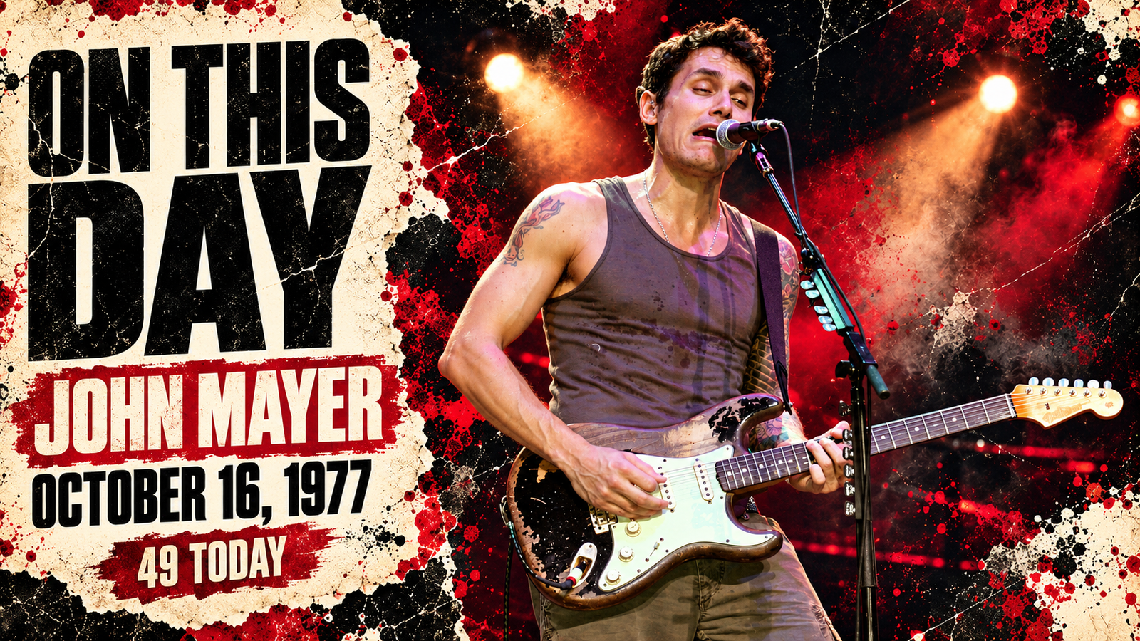 Retrospective illustration of John Mayer with a complete black worn electric guitar and his October 16, 1977 birth date.