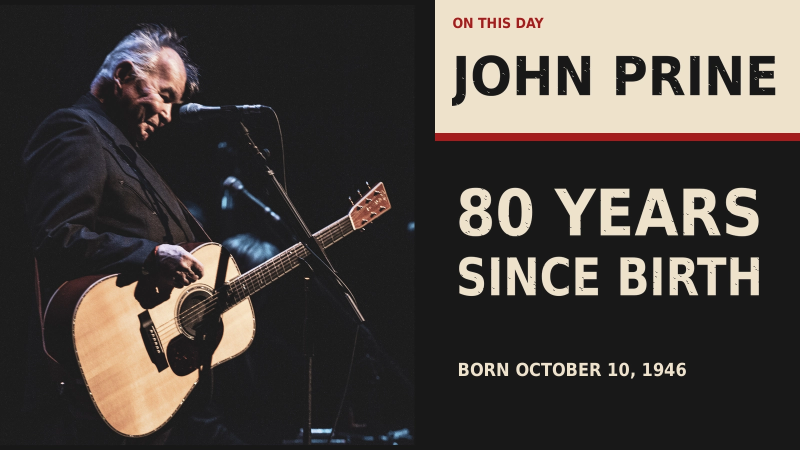 John Prine performing with his acoustic guitar in an editorial remembrance graphic