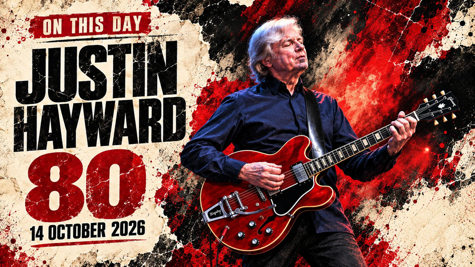 Justin Hayward depicted with a red semi-hollow guitar beside his 80th birthday date, October 14, 2026.