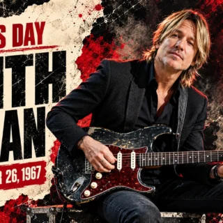 Original editorial illustration of Keith Urban playing a worn black Stratocaster-style guitar, with his birth date October 26, 1967.