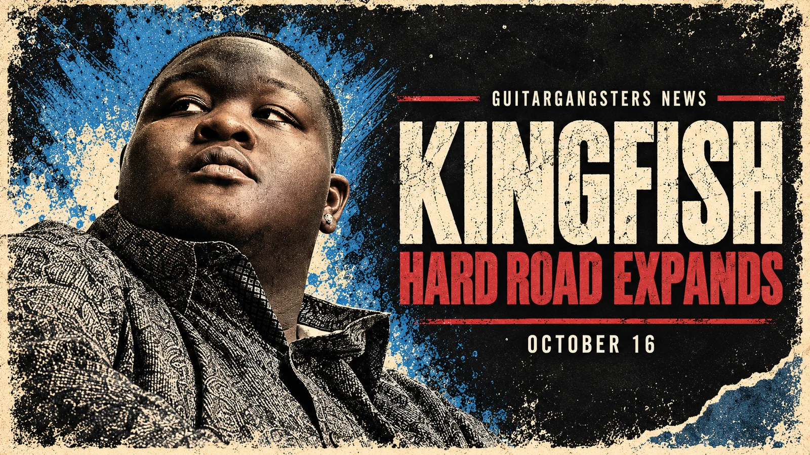 Editorial illustration of Christone Kingfish Ingram with Hard Road Expands and October 16 headline