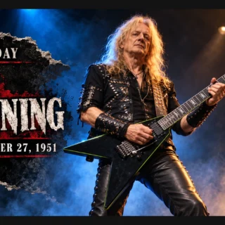 Editorial illustration of K.K. Downing playing a dark V-shaped guitar, with October 27, 1951 birthday lettering.