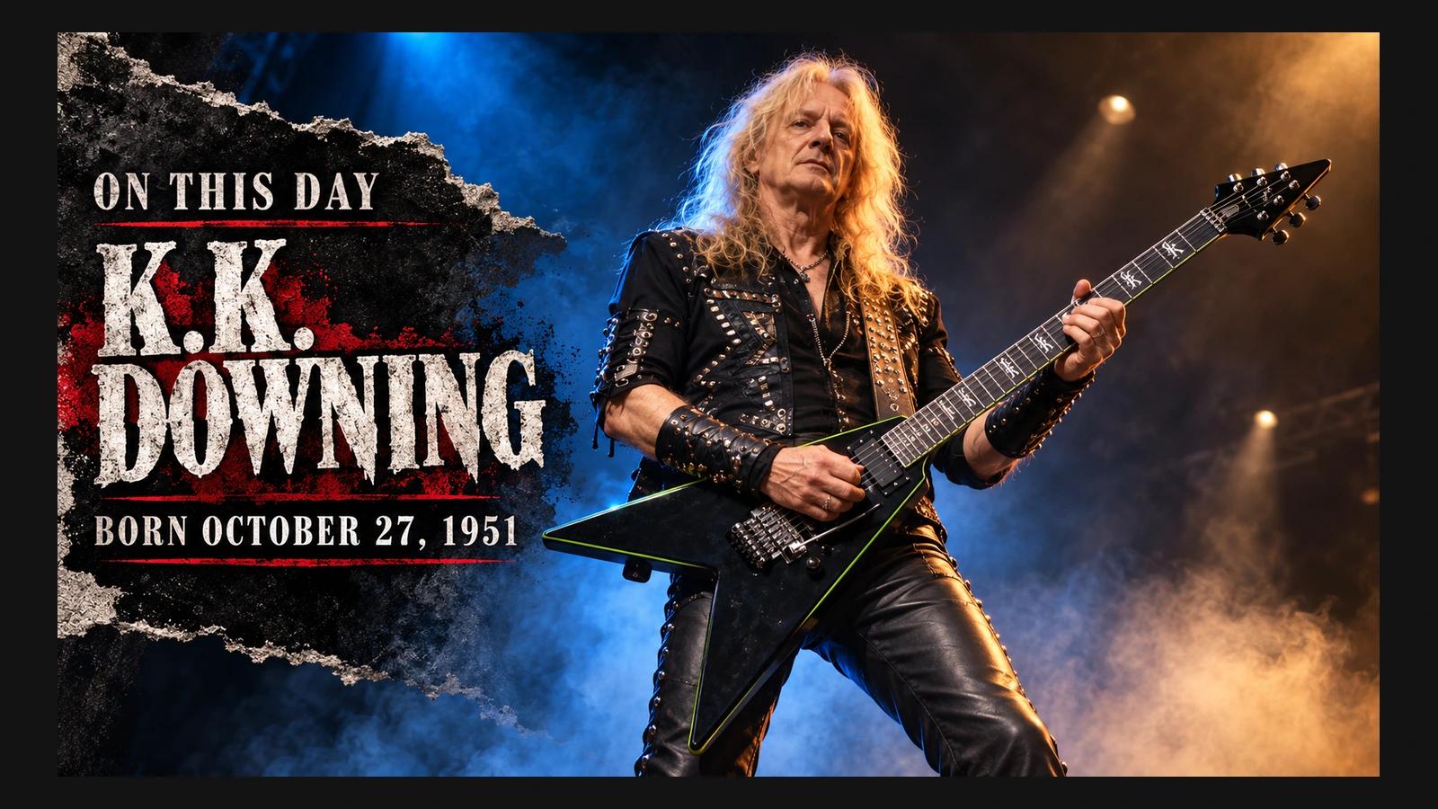 Editorial illustration of K.K. Downing playing a dark V-shaped guitar, with October 27, 1951 birthday lettering.