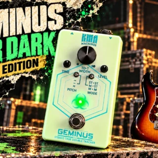Editorial illustration of the KMA GEMINUS limited glow-in-the-dark finish with a guitar.