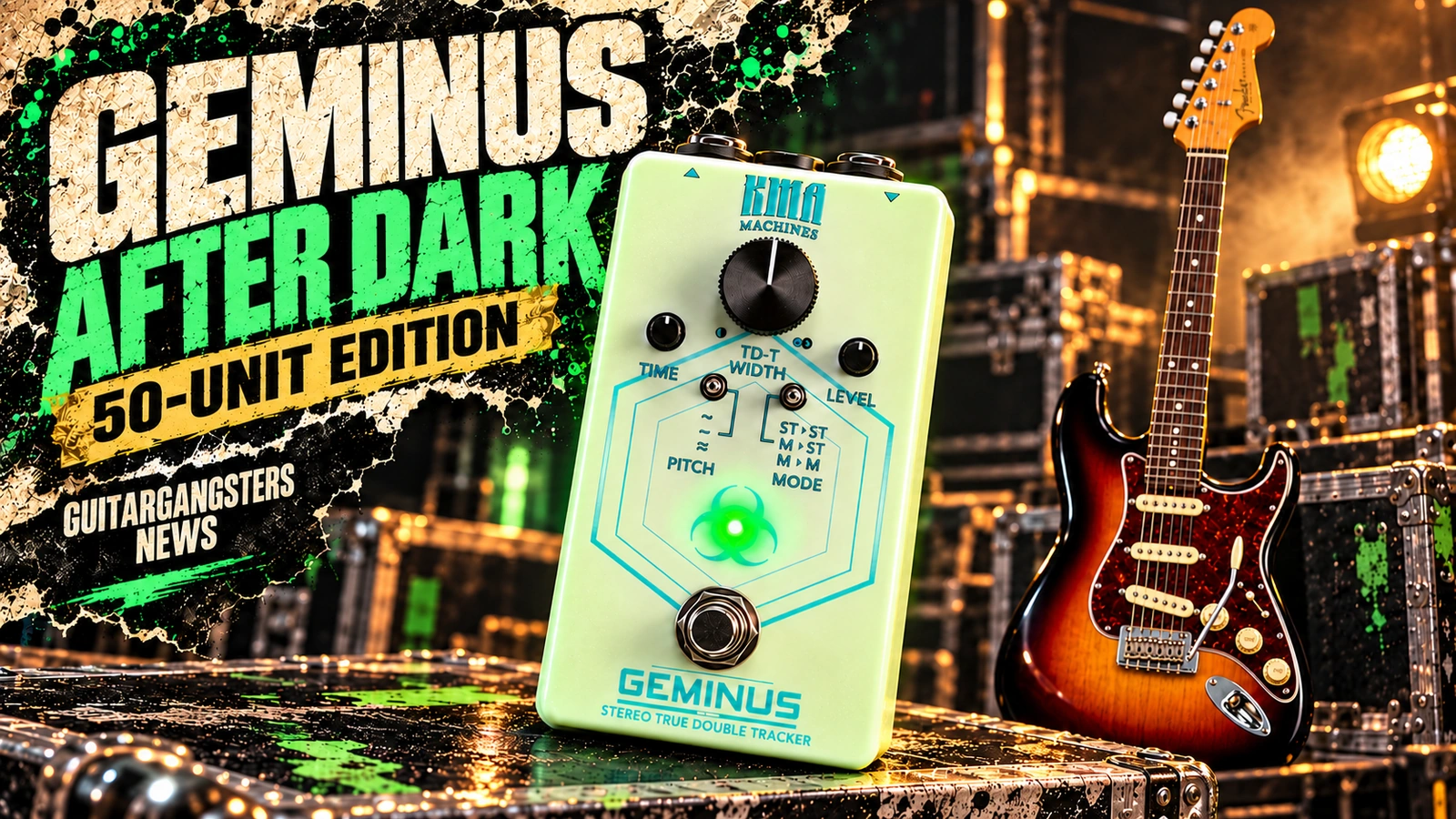 Editorial illustration of the KMA GEMINUS limited glow-in-the-dark finish with a guitar.
