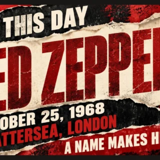 Original editorial illustration commemorating Led Zeppelin’s October 25, 1968 appearance in Battersea, London; not a historical poster or photograph.