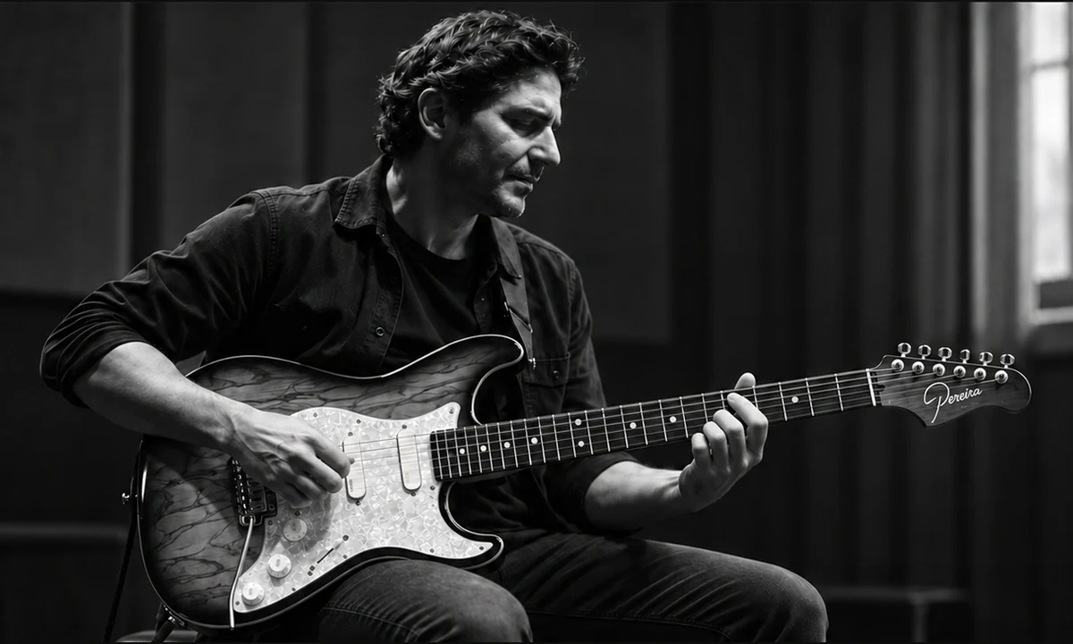 Edo Scordo holding his Pereira signature guitar in an original editorial illustration.