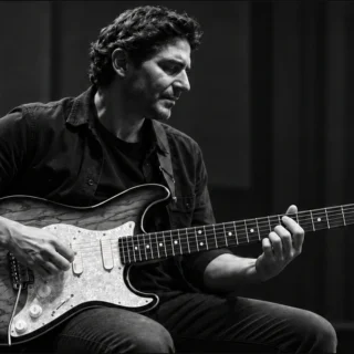 Edo Scordo holding his Pereira signature guitar in an original editorial illustration.