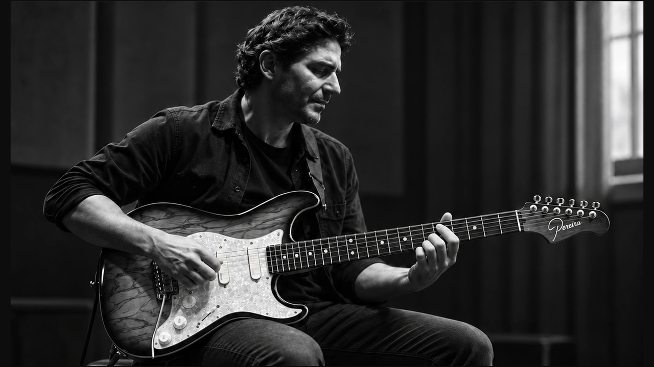 Edo Scordo holding his Pereira signature guitar in an original editorial illustration.