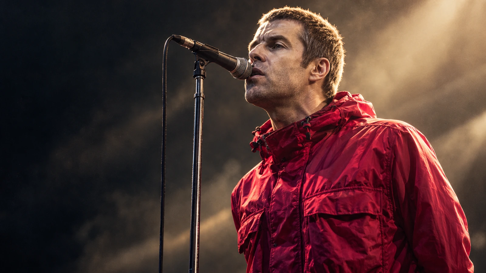 Original editorial illustration of Liam Gallagher singing in a scarlet coat, representing his 2017 solo era.