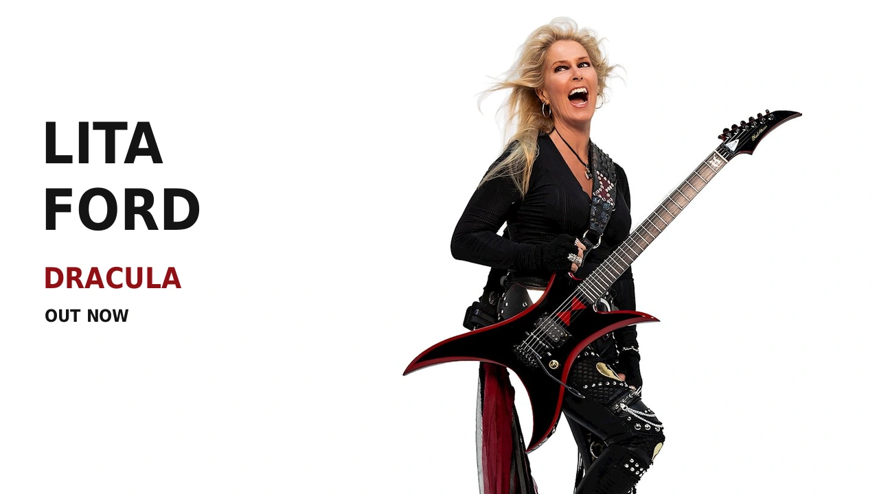 Lita Ford holding a black-and-red electric guitar in a white-background publicity photograph.