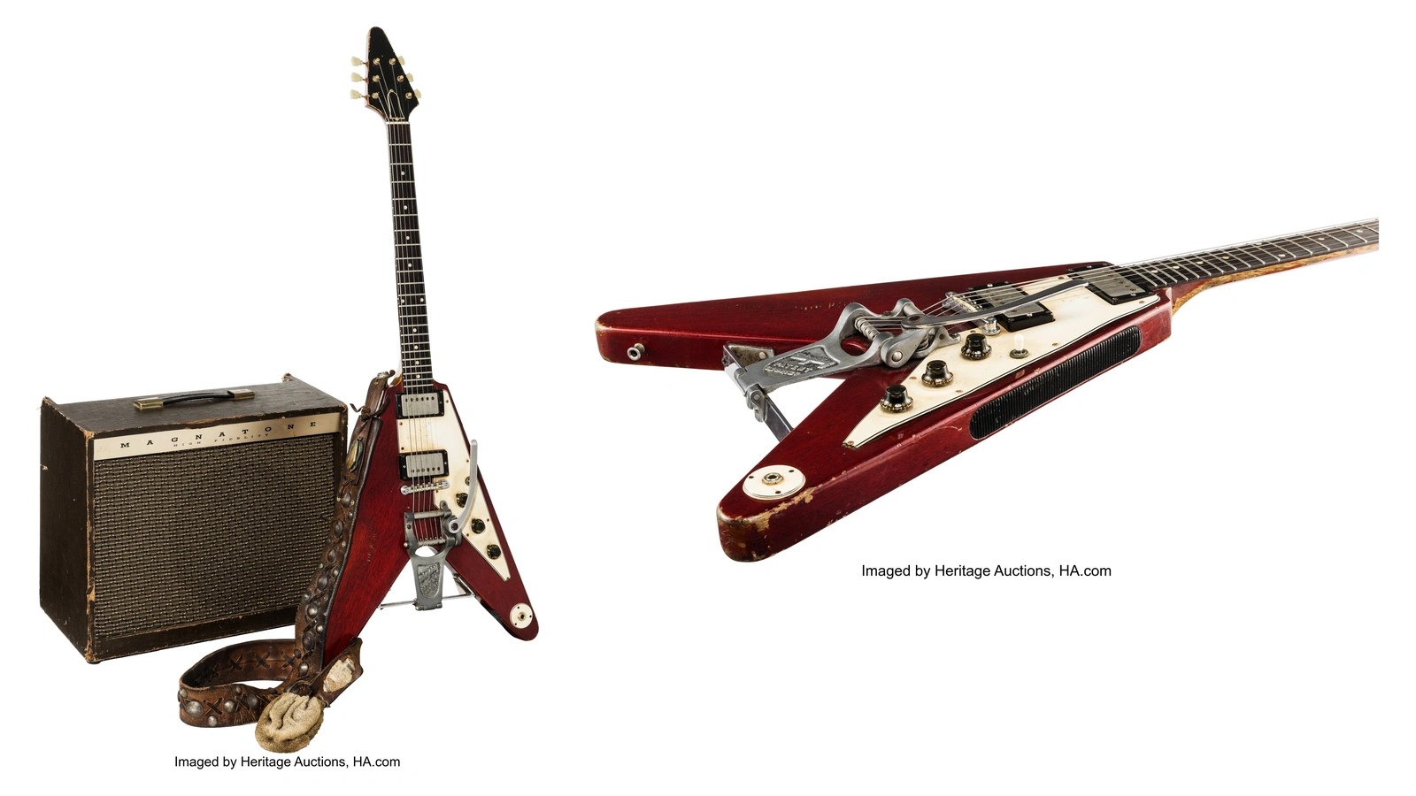 Lonnie Mack’s red Gibson Flying V with Magnatone amplifier and stage strap, alongside a guitar body detail