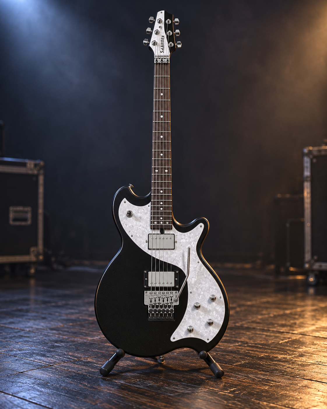 AI model illustration of a black ESP LTD SA-2 guitar with two humbuckers, four controls, a white pearloid pickguard and a double-locking tremolo.