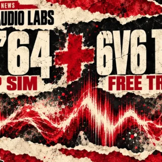 Conceptual editorial illustration of Main St Audio Labs PR ’64 and 6V6 Trem, shown as typography and a decorative abstract waveform, not their software interfaces.