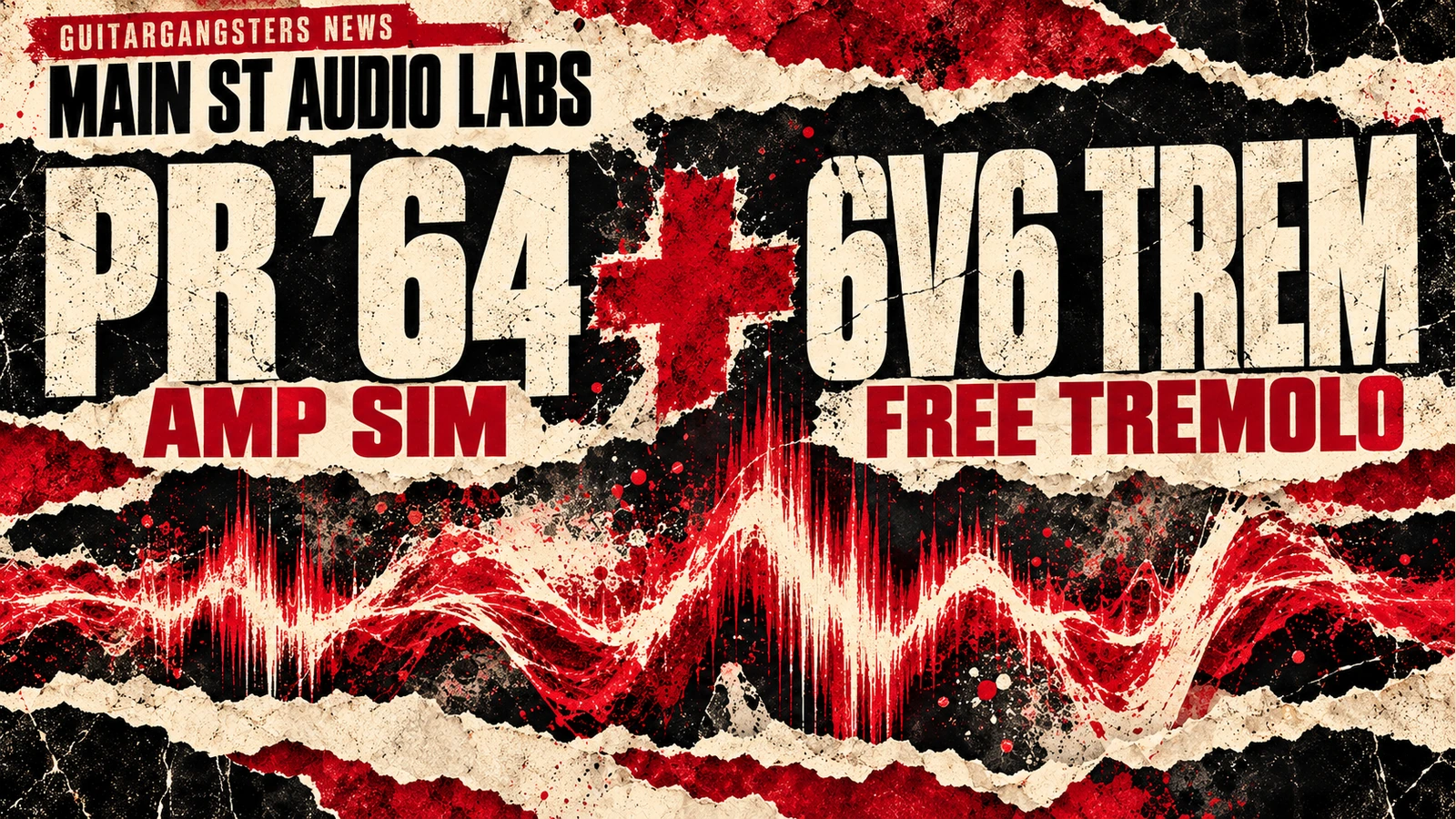 Conceptual editorial illustration of Main St Audio Labs PR ’64 and 6V6 Trem, shown as typography and a decorative abstract waveform, not their software interfaces.