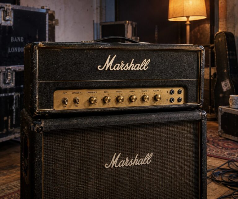 Illustration of a Marshall 1959 Super Lead Plexi amplifier head with gold front panel.