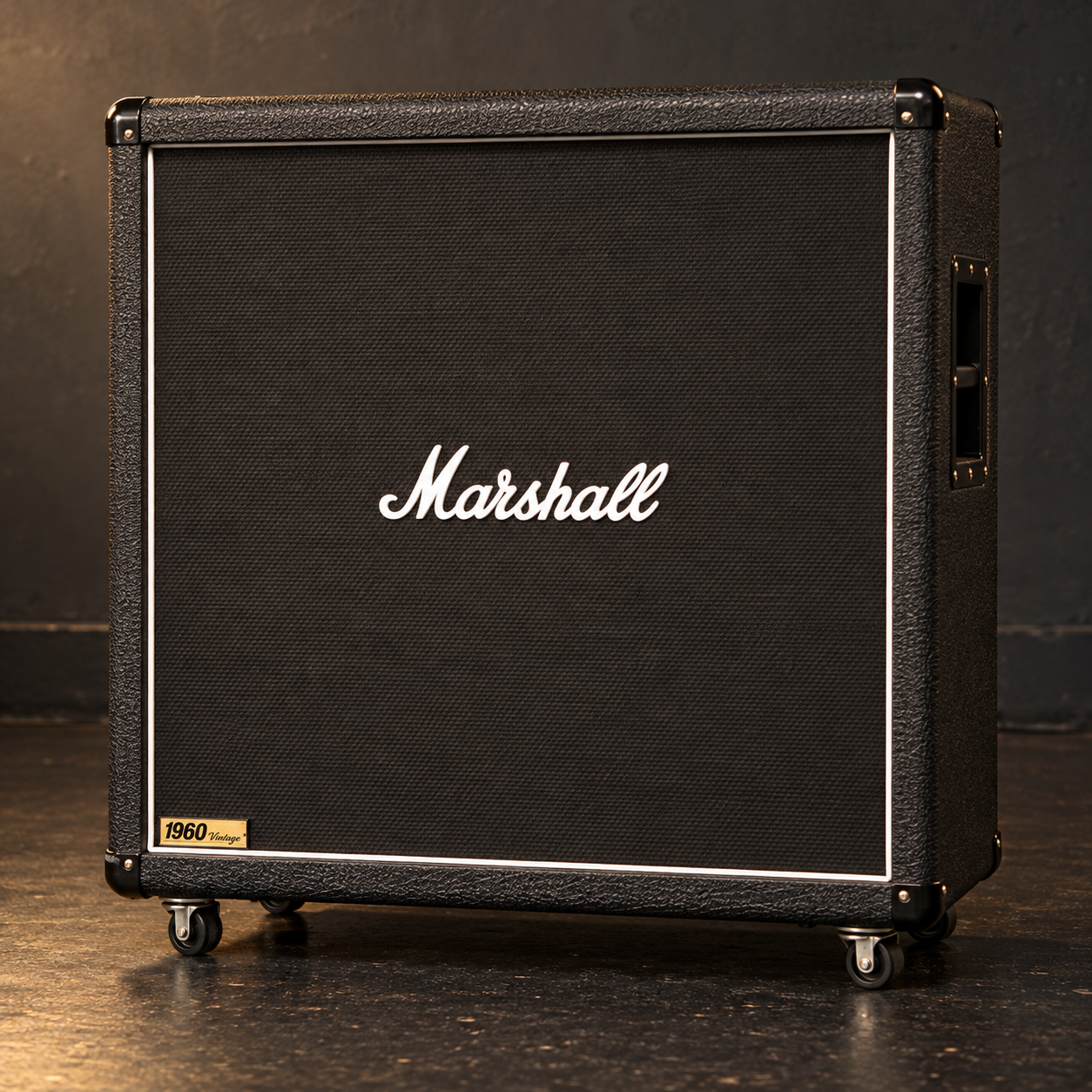 AI model illustration of a straight Marshall 1960BV four-by-twelve speaker cabinet with black grille cloth and a 1960 Vintage badge.