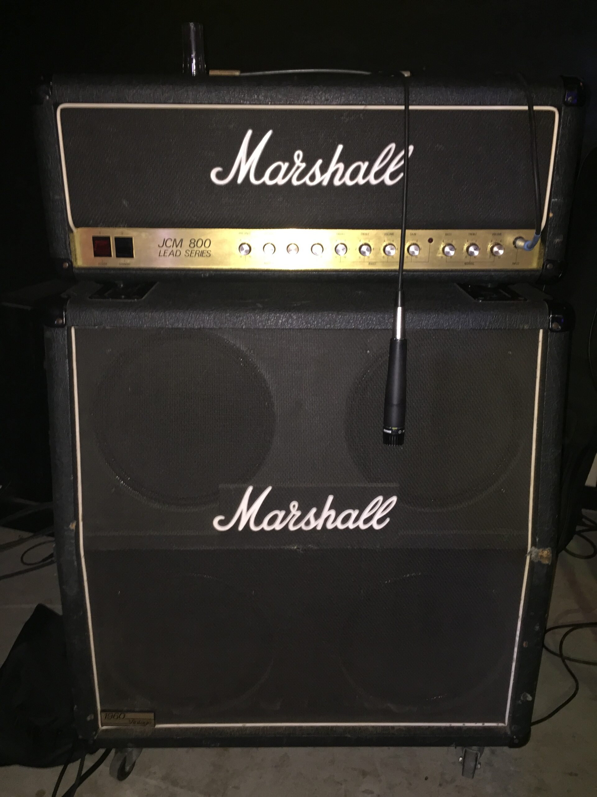 Marshall JCM800 Lead Series split-channel head on a Marshall speaker cabinet.