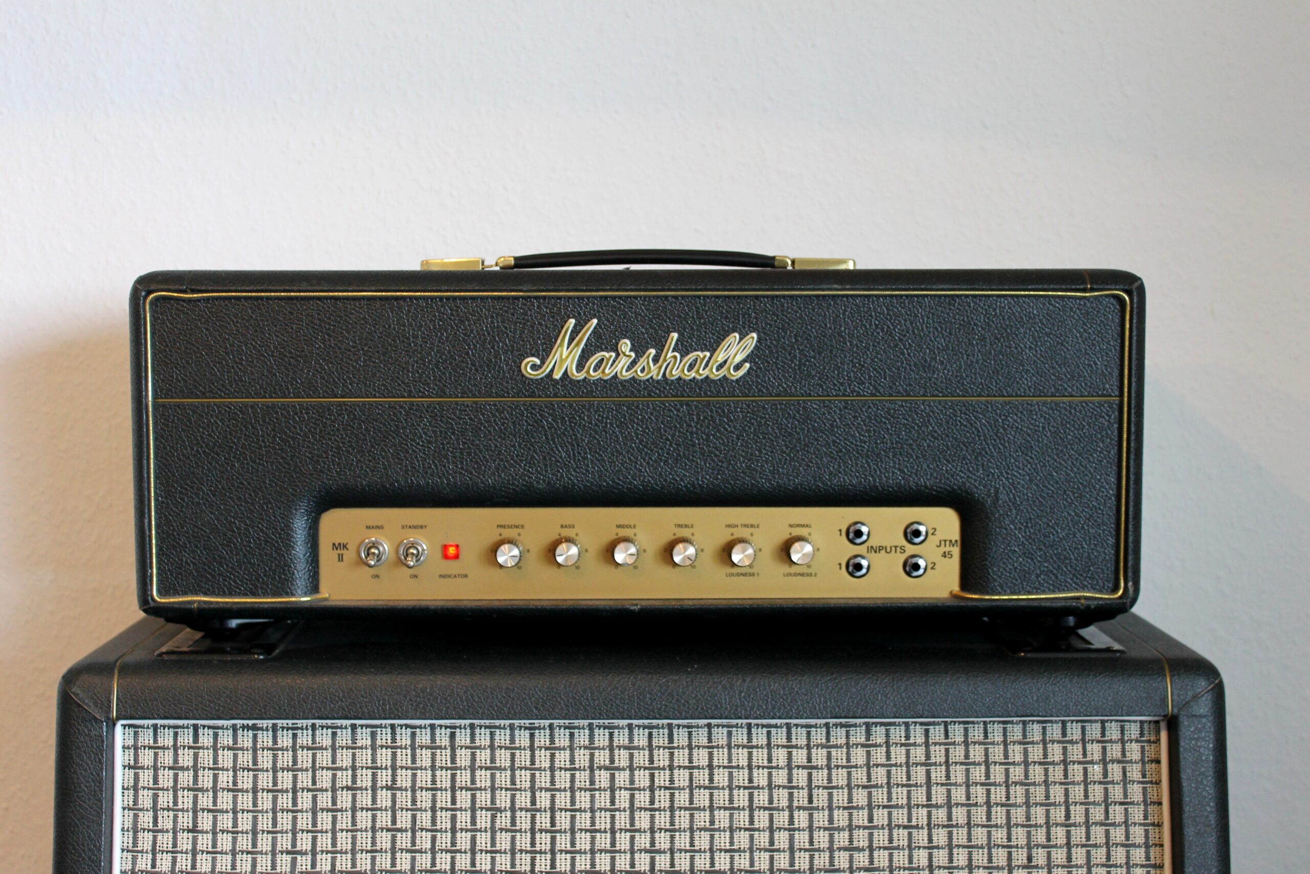 Marshall JTM45 MkII reissue amplifier head from 1997, shown in full.