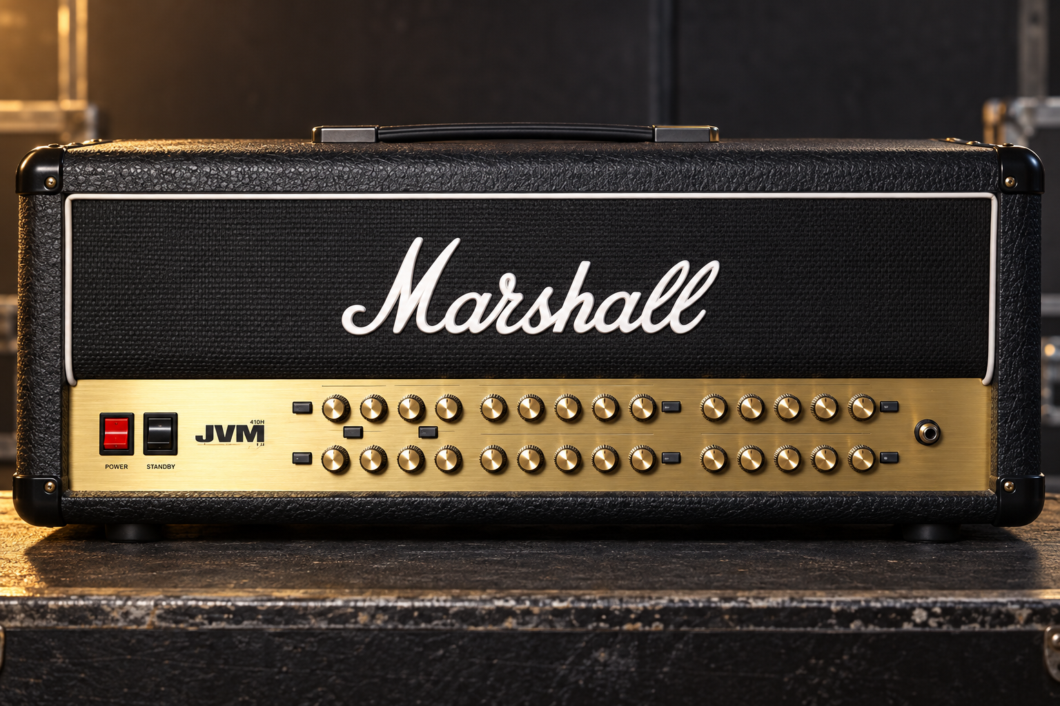 AI model illustration of a mid-2010s Marshall JVM410H head with two rows of fourteen controls and a gold panel.