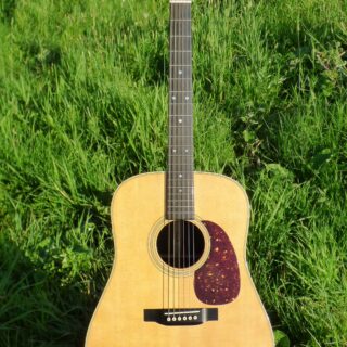 Complete Martin D-28 acoustic guitar on a stand outdoors, with its headstock, body and bridge visible.