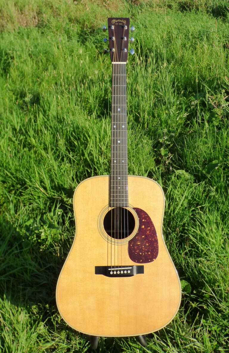 Complete Martin D-28 acoustic guitar on a stand outdoors, with its headstock, body and bridge visible.