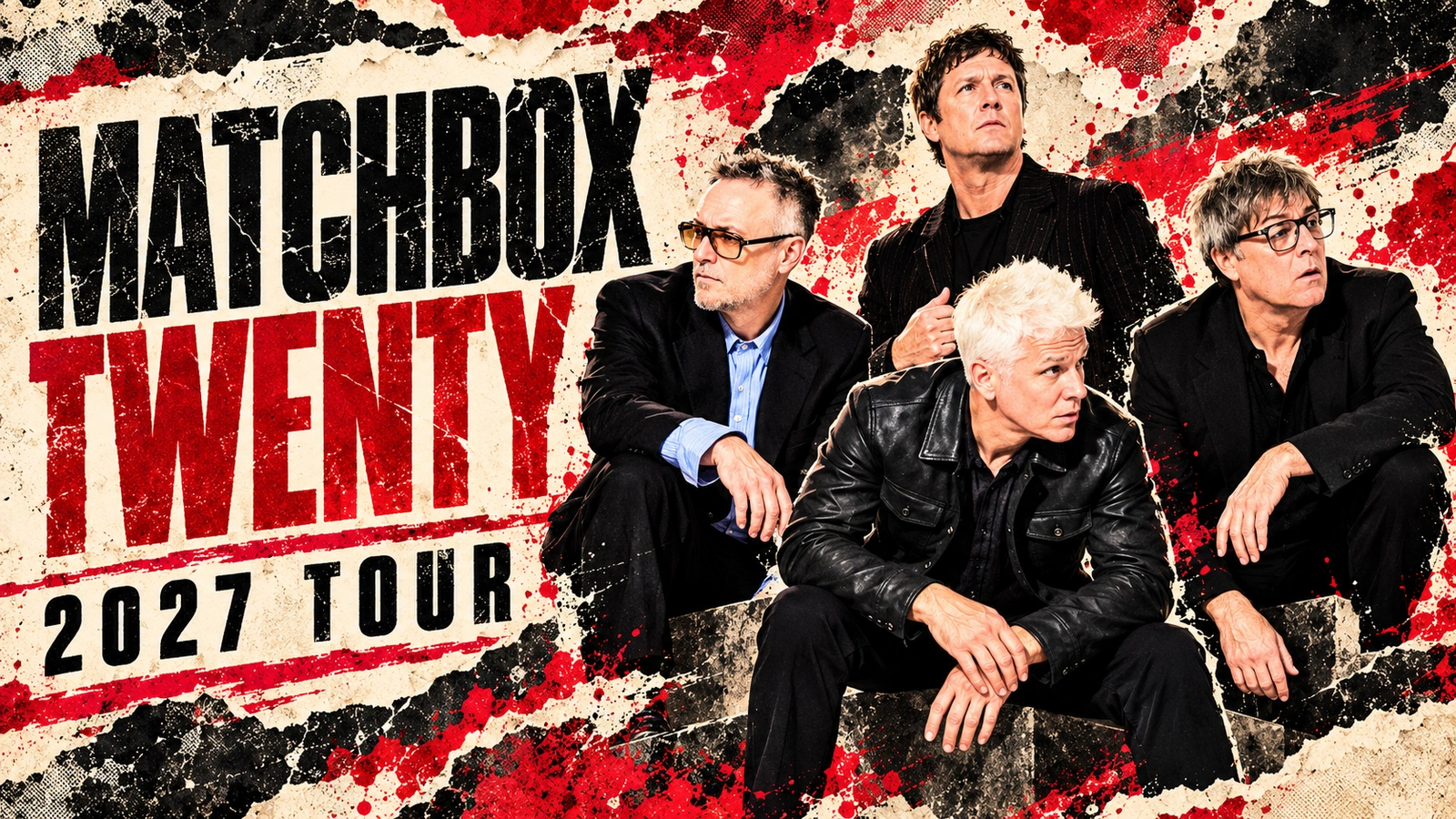 Editorial illustration of the four members of Matchbox Twenty for their announced 2027 anniversary tour.