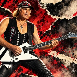Editorial illustration of Matthias Jabs playing a white and black striped guitar.