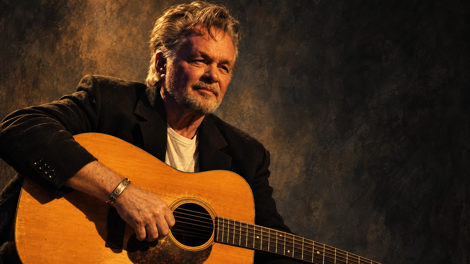 Original editorial illustration of John Mellencamp with a natural-finish acoustic guitar.